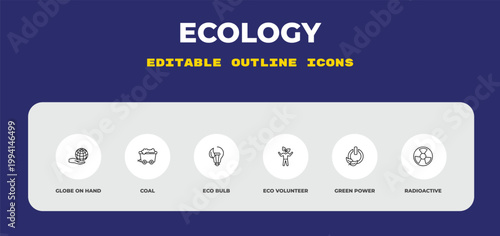 outline ecology icons set - globe on hand, coal, eco bulb. editable vector for web and mobile ui