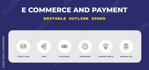 outline e commerce and payment icons set - loyalty card, euro, dollar bill. editable vector for web and mobile ui