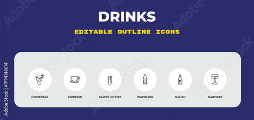 outline drinks icons set - caipiroska, espresso, ramos gin fizz. editable vector for web and mobile ui