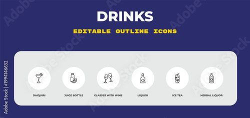 outline drinks icons set - daiquiri, juice bottle, glasses with wine. editable vector for web and mobile ui