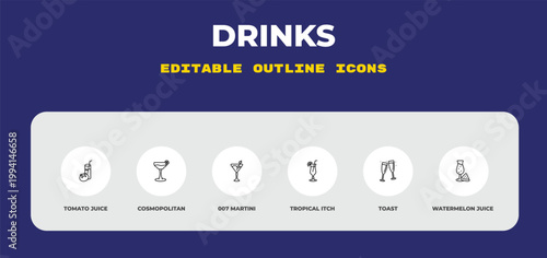 outline drinks icons set - tomato juice, cosmopolitan, 007 martini. editable vector for web and mobile ui