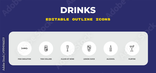 outline drinks icons set - fish skeleton, tom collins, glass of wine. editable vector for web and mobile ui