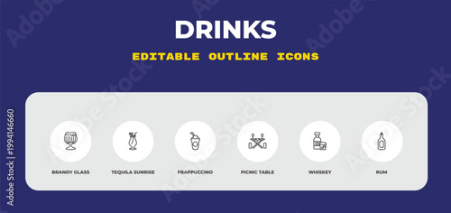 outline drinks icons set - brandy glass, tequila sunrise, frappuccino. editable vector for web and mobile ui