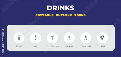 outline drinks icons set - brandy, vodka, manhattan drink. editable vector for web and mobile ui
