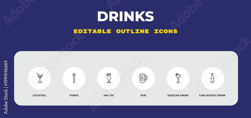outline drinks icons set - cocktail, forks, mai tai. editable vector for web and mobile ui