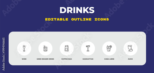 outline drinks icons set - wine, mind eraser drink, coffee bag. editable vector for web and mobile ui