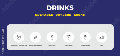 outline drinks icons set - ice bucket and bottle, bunch of grapes, smoothie. editable vector for web and mobile ui