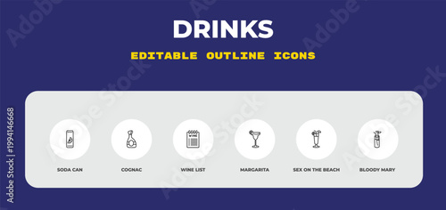 outline drinks icons set - soda can, cognac, wine list. editable vector for web and mobile ui