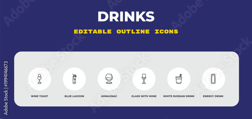 outline drinks icons set - wine toast, blue lagoon, armagnac. editable vector for web and mobile ui