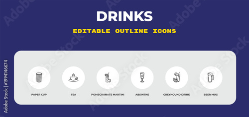 outline drinks icons set - paper cup, tea, pomegranate martini. editable vector for web and mobile ui
