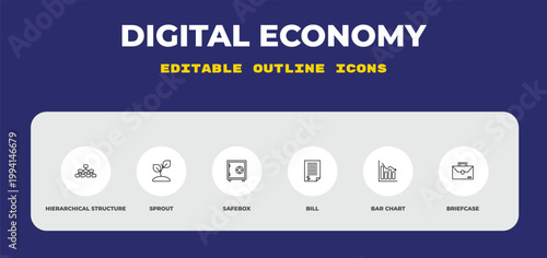 outline digital economy icons set - hierarchical structure, sprout, safebox. editable vector for web and mobile ui