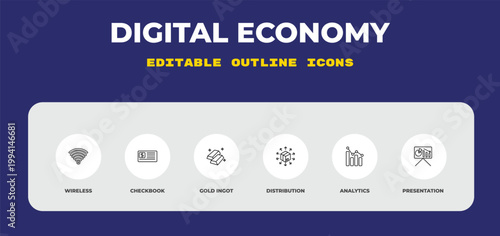 outline digital economy icons set - wireless, checkbook, gold ingot. editable vector for web and mobile ui