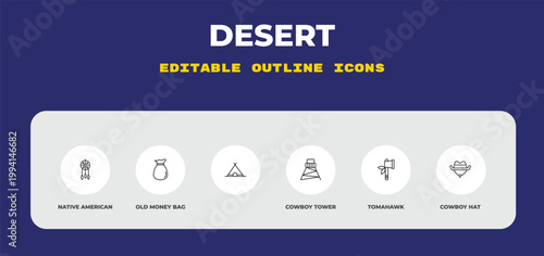 outline desert icons set - native american, old money bag, . editable vector for web and mobile ui