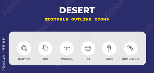 outline desert icons set - cowboy whip, horse, cattle skull. editable vector for web and mobile ui