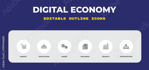 outline digital economy icons set - market, population, money. editable vector for web and mobile ui