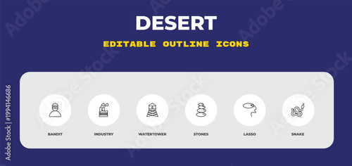 outline desert icons set - bandit, industry, watertower. editable vector for web and mobile ui