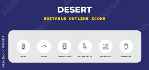 outline desert icons set - hiero, bullet, desert saloon. editable vector for web and mobile ui