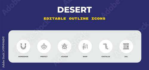 outline desert icons set - horseshoe, prefect, scarab. editable vector for web and mobile ui