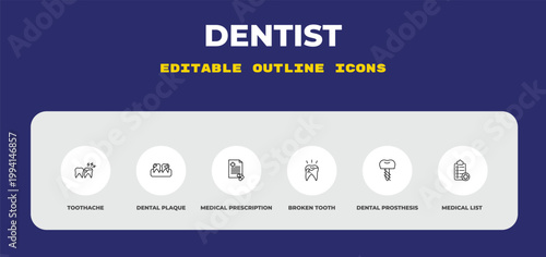 outline dentist icons set - toothache, dental plaque, medical prescription. editable vector for web and mobile ui