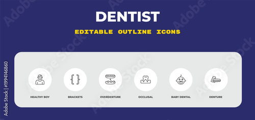 outline dentist icons set - healthy boy, brackets, overdenture. editable vector for web and mobile ui