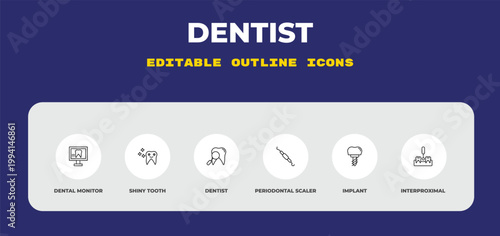 outline dentist icons set - dental monitor, shiny tooth, dentist. editable vector for web and mobile ui