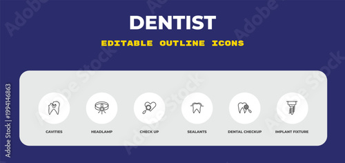 outline dentist icons set - cavities, headlamp, check up. editable vector for web and mobile ui