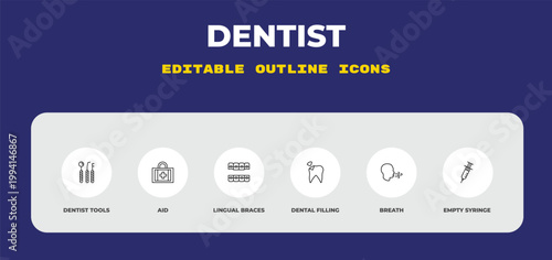 outline dentist icons set - dentist tools, aid, lingual braces. editable vector for web and mobile ui