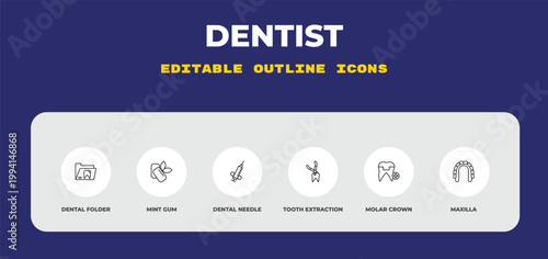 outline dentist icons set - dental folder, mint gum, dental needle. editable vector for web and mobile ui