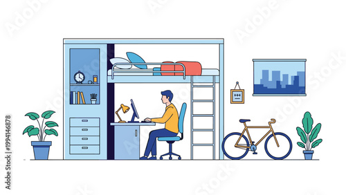 Young professional man works at his computer desk tucked under a blue loft bed in a modern and efficiently organized studio apartment.