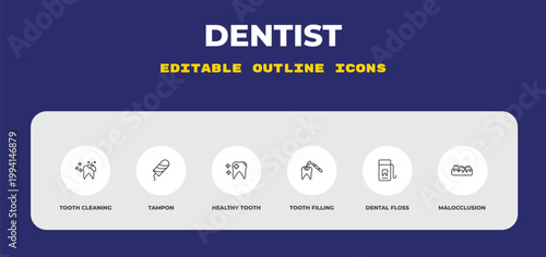 outline dentist icons set - tooth cleaning, tampon, healthy tooth. editable vector for web and mobile ui