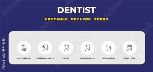 outline dentist icons set - health report, bacteria in mouth, decay. editable vector for web and mobile ui