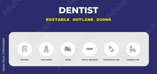 outline dentist icons set - bicuspid, male nurse, gauze. editable vector for web and mobile ui