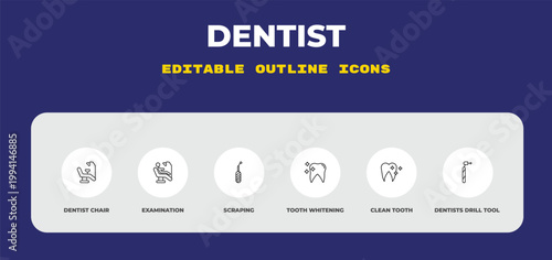 outline dentist icons set - dentist chair, examination, scraping. editable vector for web and mobile ui