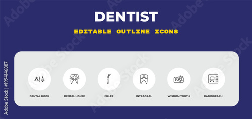outline dentist icons set - dental hook, dental house, filler. editable vector for web and mobile ui