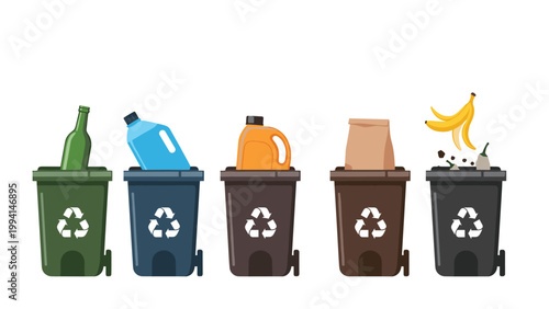 Set of five color-coded recycling bins for glass, plastic, metal, paper, and organic waste with respective garbage items being discarded.