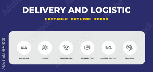 outline delivery and logistic icons set - cargo bus, freight, delivery info. editable vector for web and mobile ui