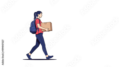 Young woman with a ponytail and backpack walks forward while carrying a cardboard box representing a move or delivery task.