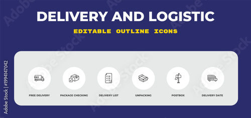 outline delivery and logistic icons set - free delivery, package checking, delivery list. editable vector for web and mobile ui