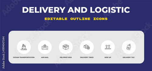 outline delivery and logistic icons set - ocean transportation, air mail, delivery box. editable vector for web and mobile ui