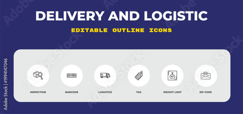outline delivery and logistic icons set - inspection, barcode, logistics. editable vector for web and mobile ui