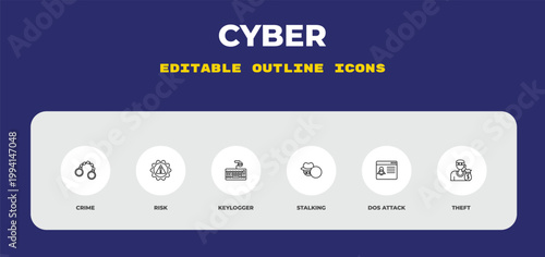 outline cyber icons set - crime, risk, keylogger. editable vector for web and mobile ui
