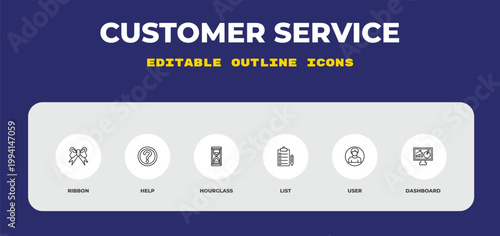 outline customer service icons set - ribbon, help, hourglass. editable vector for web and mobile ui