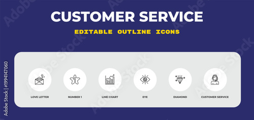 outline customer service icons set - love letter, number 1, line chart. editable vector for web and mobile ui