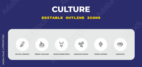 outline culture icons set - aw on a branch, crema catalana, female bikini piece. editable vector for web and mobile ui