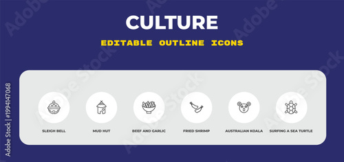 outline culture icons set - sleigh bell, mud hut, beef and garlic. editable vector for web and mobile ui