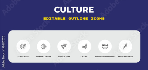 outline culture icons set - goat cheese, chinese lantern, bolo de fuba. editable vector for web and mobile ui