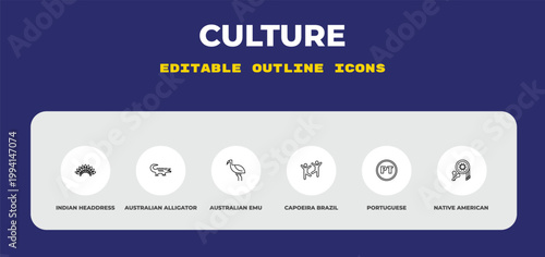 outline culture icons set - indian headdress, australian alligator, australian emu. editable vector for web and mobile ui