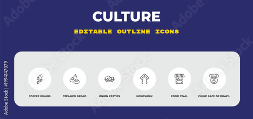 outline culture icons set - coffee grains, steamed bread, onion patties. editable vector for web and mobile ui