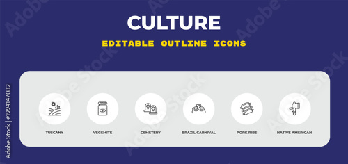outline culture icons set - tuscany, vegemite, cemetery. editable vector for web and mobile ui
