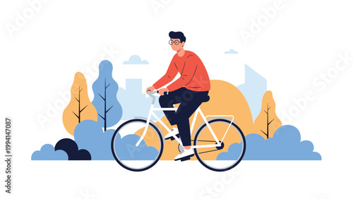 Man in a red sweater cycles through a modern city park with stylized blue trees and orange circular elements in the background.